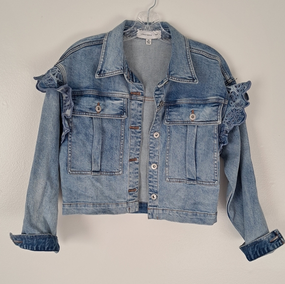Something Navy Denim Ruffle Jacket Xs - Picture 6 of 6